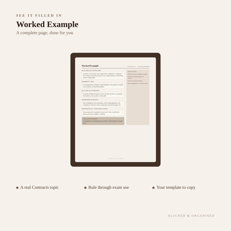K&ouml;nnte beinhalten: Eine digitale Dokumentvorlage mit dem Titel Worked Example, die ein strukturiertes Layout f&uuml;r Rechtsvertr&auml;ge aufweist. Die Seite enth&auml;lt Abschnitte f&uuml;r Regeln, Elemente, Gesetze, Ausnahmen und Anwendungen sowie Notizen und den Text Aligned & Organised.