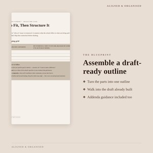 Puede incluir: Un documento de planificaci&oacute;n digital beige titulado Aligned & Organised que presenta una secci&oacute;n sobre c&oacute;mo elaborar un esquema listo para el borrador. El texto incluye instrucciones para convertir las partes en un esquema y gu&iacute;a de addenda.