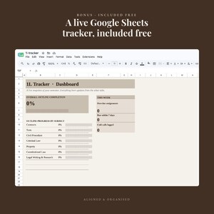 May include: A digital Google Sheets tracker dashboard displayed on a screen. The interface features a 1L Tracker Dashboard with sections for overall outline completion, weekly assignments, and progress by subject including Torts and Property.