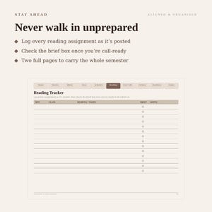 May include: A digital reading tracker planner page with a beige background. The text reads Stay Ahead, Aligned & Organised, Never walk in unprepared, and Reading Tracker. It includes columns for due dates, class, reading pages, brief, and notes.