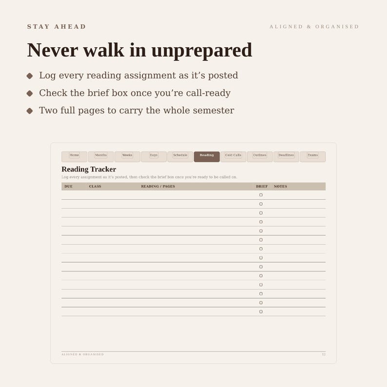 May include: A digital reading tracker planner page with a beige background. The text reads Stay Ahead, Aligned & Organised, Never walk in unprepared, and Reading Tracker. It includes columns for due dates, class, reading pages, brief, and notes.
