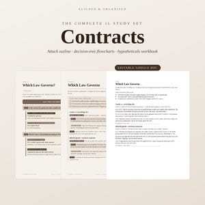 May include: A digital study set titled The Complete 1L Study Set Contracts, featuring an attack outline, decision-tree flowcharts, and a hypotheticals workbook. The documents are editable Google Docs with text regarding Which Law Governs.