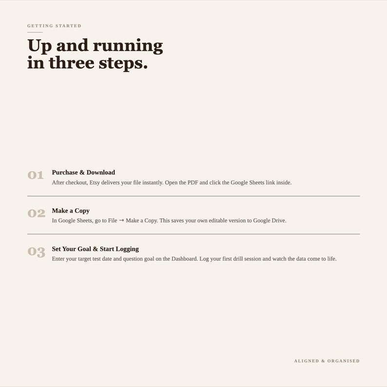 K&ouml;nnte beinhalten: Eine digitale Anleitung mit dem Titel Getting Started: Up and running in three steps. Sie beschreibt drei nummerierte Phasen: Purchase & Download, Make a Copy und Set Your Goal & Start Logging, jeweils mit einem kurzen erkl&auml;renden Text.