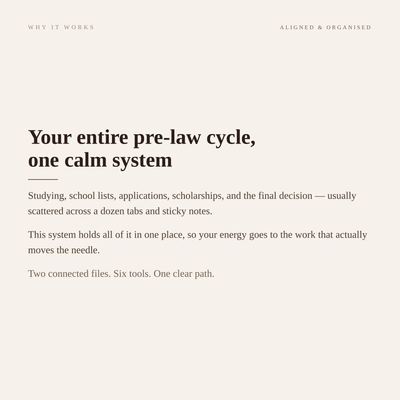Puede incluir: Un documento digital con fondo crema y texto marr&oacute;n oscuro. El encabezado dice Why It Works y Aligned & Organised. El texto principal dice: Your entire pre-law cycle, one calm system. Studying, school lists, applications, scholarships, and the final decision &mdash; usually scattered across a dozen tabs and sticky notes. This system holds all of it in one place, so your energy goes to the work that actually moves the needle. Two connected files. Six tools. One clear path.