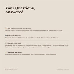 May include: A beige informational graphic titled Your Questions, Answered with FAQ and shop policies. It includes sections on download locations, PDF file formats, refund policies, and usage restrictions for personal use only, with small icons.
