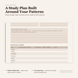 May include: A study planning template featuring the text A Study Plan Built Around Your Patterns, a section for My Recurring Error Patterns, and a Weekly Practice Schedule table with columns for day, question type, volume, timing, and notes.