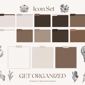 May include: An icon set with a neutral color palette, featuring folders, notepads, and floral illustrations. The text "Icon Set" and "Get Organized" are displayed. The design includes a lightbulb with flowers inside.