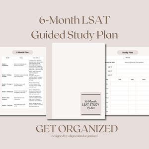 Può includere: Un piano di studio guidato LSAT di 6 mesi, con tre pagine di testo. Le pagine includono un piano di 6 mesi, un piano di studio e una pagina del titolo. Il testo include il titolo, "6-Month LSAT Guided Study Plan", e le parole "Get Organized".