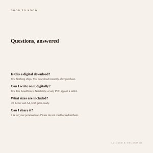 Op de afbeelding: Een beige informatieve afbeelding met de titel Good to Know en de kop Questions, answered. Het bevat vier veelgestelde vragen over de status van digitale downloads, compatibiliteit met GoodNotes, US Letter en A4 formaten, en gebruiksvoorwaarden.
