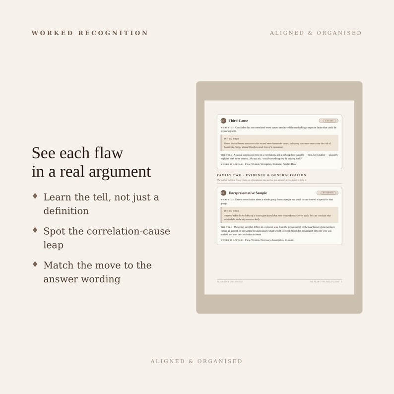 May include: A digital document titled Worked Recognition Aligned & Organised featuring the text See each flaw in a real argument, Learn the tell, not just a definition, Spot the correlation-cause leap, and Match the move to the answer wording.