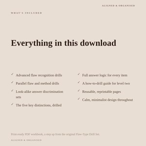 May include: A digital document titled Everything in this download, listing features including advanced flaw recognition drills, parallel flaw and method drills, look-alike answer discrimination sets, the five key distinctions, full answer logic, and a how-to-drill guide.