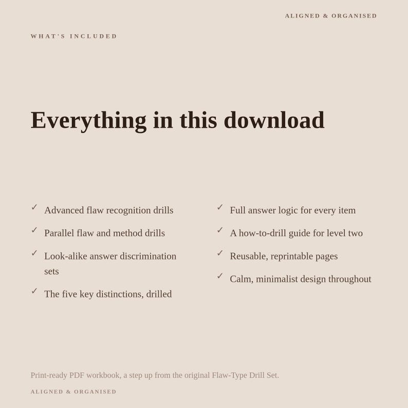May include: A digital document titled Everything in this download, listing features including advanced flaw recognition drills, parallel flaw and method drills, look-alike answer discrimination sets, the five key distinctions, full answer logic, and a how-to-drill guide.