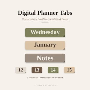 Digital Planner Tabs, Neutral GoodNotes Stickers, Days of the Week, Months, Dates & Section Labels, PNG Digital Sticker Book
