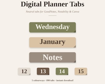 Digital Planner Tabs, Neutral GoodNotes Stickers, Days of the Week, Months, Dates & Section Labels, PNG Digital Sticker Book