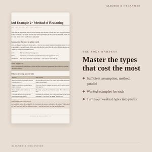 May include: An educational document titled Aligned & Organised featuring a page titled Worked Example 2 Method of Reasoning. The text outlines logical reasoning methods, including tables for answer analysis, alongside a list of study goals.