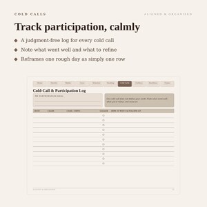 May include: A digital planner page titled Cold-Call & Participation Log with a beige background. It features sections for participation goals, a note area, and a table with columns for date, class, case, topic, called status, and follow-up notes.