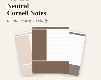 Paquete de plantillas para tomar notas Cornell, notas de estudio con estética neutra, imprimibles y compatibles con GoodNotes, cuadrícula rayada en blanco, tamaños A4, A5 y Carta estadounidense, descarga digital.
