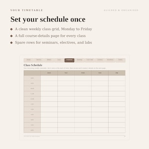 May include: A digital planner page titled Class Schedule with a weekly grid from Monday to Friday. The layout includes tabs for Home, Months, Weeks, Days, Schedule, Reading, Cold Calls, Outlines, Deadlines, and Exams. Text reads Set your schedule once.