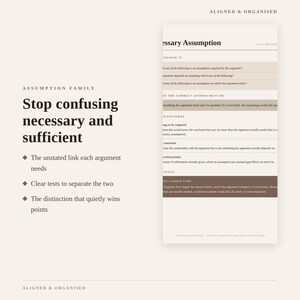 May include: A beige educational infographic titled Aligned & Organised featuring the text Stop confusing necessary and sufficient. It includes a list of bullet points and a vertical column detailing the Necessary Assumption family of logical reasoning.