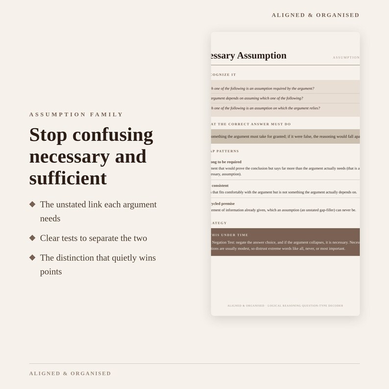 May include: A beige educational infographic titled Aligned & Organised featuring the text Stop confusing necessary and sufficient. It includes a list of bullet points and a vertical column detailing the Necessary Assumption family of logical reasoning.