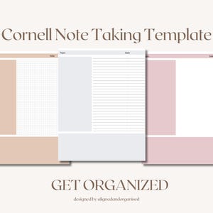 May include: Three Cornell note-taking templates in beige, white, and pink. Each template features a topic and date section, with one having grid lines, one with lined paper, and one blank. The text "Cornell Note Taking Template" and "GET ORGANIZED" are displayed.