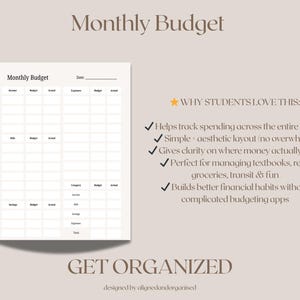 May include: A printable monthly budget planner with a neutral color scheme. The planner includes sections for income, expenses, and savings, with space to track budget versus actual spending. Text on the image reads "Monthly Budget" and "Get Organized".