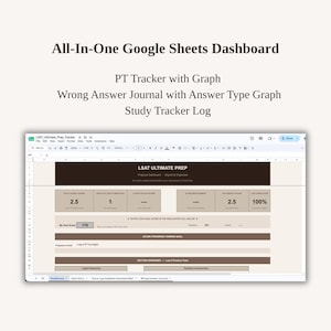 May include: An All-In-One Google Sheets Dashboard for LSAT prep. The interface includes a PT Tracker with Graph, a Wrong Answer Journal with Answer Type Graph, and a Study Tracker Log. The spreadsheet features a dark brown header and beige layout.
