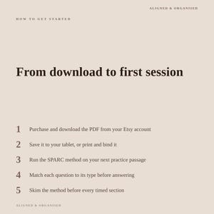 May include: A beige informational graphic titled How to Get Started and From download to first session. It lists five steps: 1. Purchase and download the PDF, 2. Save or print, 3. Run the SPARC method, 4. Match question types, 5. Skim the method.