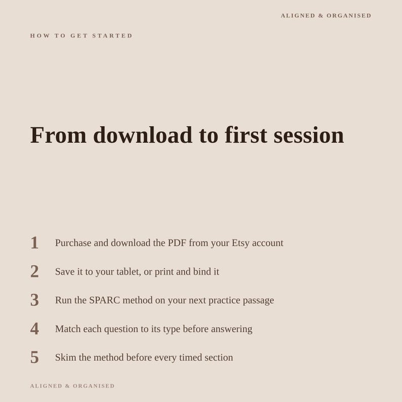 May include: A beige informational graphic titled How to Get Started and From download to first session. It lists five steps: 1. Purchase and download the PDF, 2. Save or print, 3. Run the SPARC method, 4. Match question types, 5. Skim the method.