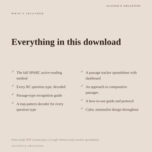 May include: A beige digital document titled Everything in this download, listing components including the SPARC active-reading method, RC question types, passage-type recognition, trap-pattern decoder, passage tracker, and comparative passage approach.