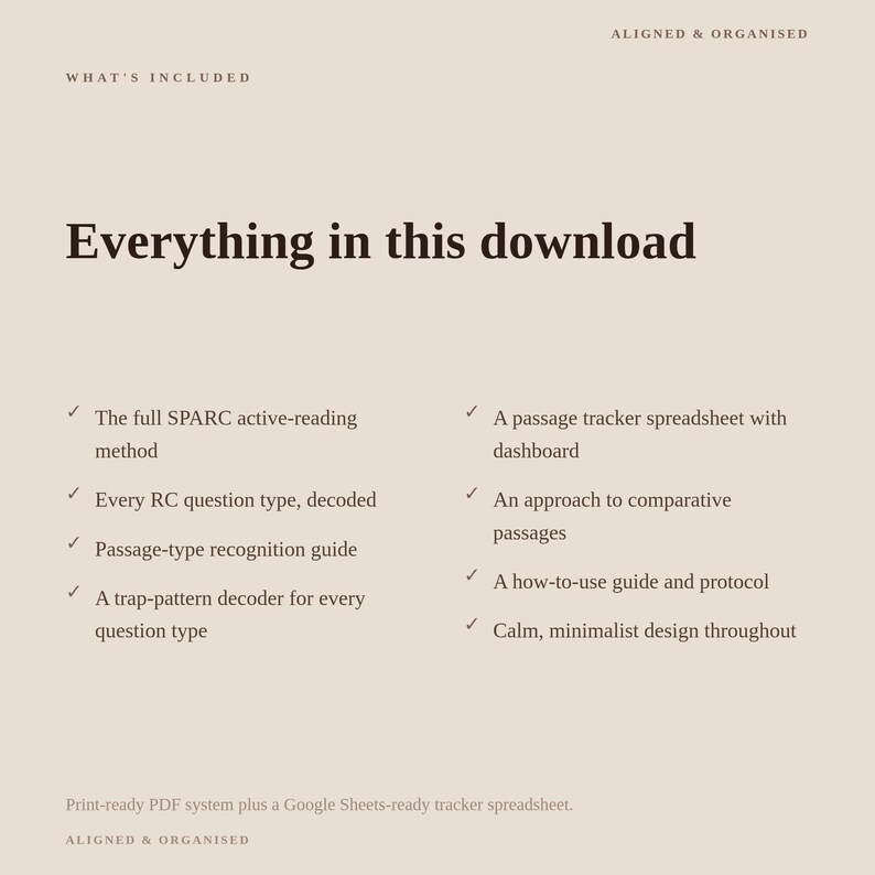 May include: A beige digital document titled Everything in this download, listing components including the SPARC active-reading method, RC question types, passage-type recognition, trap-pattern decoder, passage tracker, and comparative passage approach.