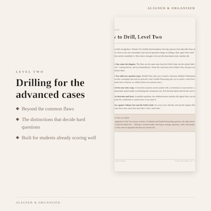 May include: A study guide page titled Level Two Drilling for the advanced cases with bullet points listing Beyond the common flaws, The distinctions that decide hard questions, and Built for students already scoring well, next to a text block.