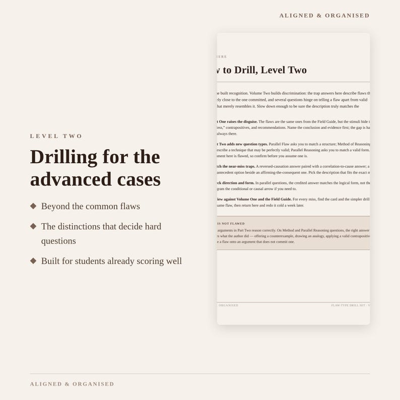 May include: A study guide page titled Level Two Drilling for the advanced cases with bullet points listing Beyond the common flaws, The distinctions that decide hard questions, and Built for students already scoring well, next to a text block.