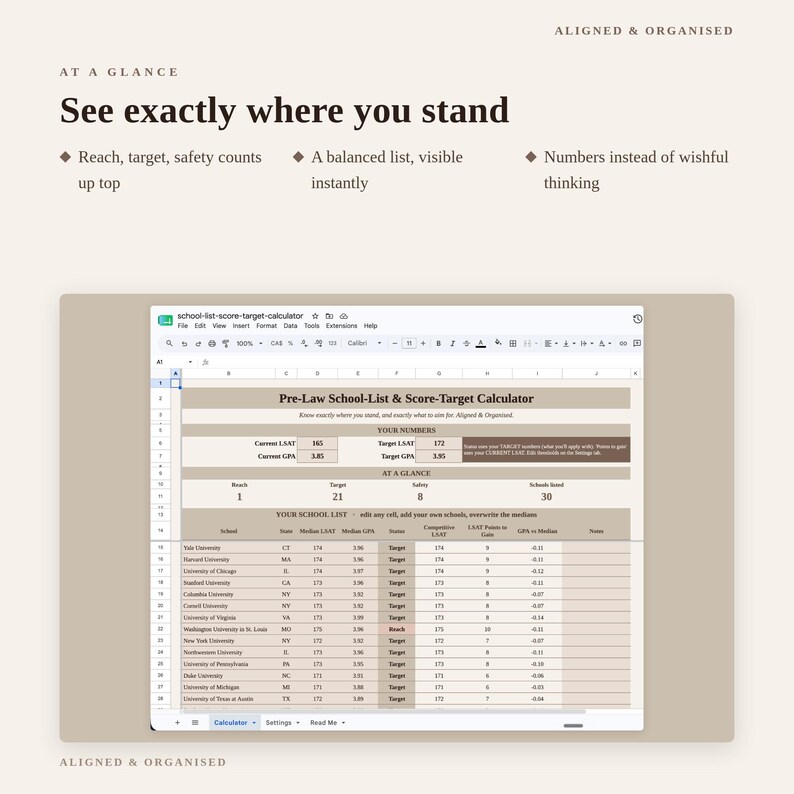 May include: A digital spreadsheet titled Pre-Law School-List & Score-Target Calculator. The interface displays sections for Your Numbers, At A Glance, and Your School List, featuring columns for school names, states, median LSAT, and GPA data.
