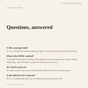 May include: A beige informational document titled Questions, answered. It explains the SPARC method for LSAT passages, clarifying it is not a passage bank or official LSAC material. The text notes it can be used digitally or printed for study.