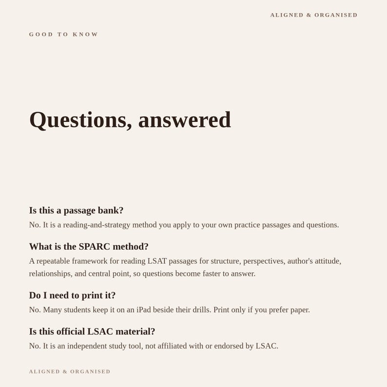 May include: A beige informational document titled Questions, answered. It explains the SPARC method for LSAT passages, clarifying it is not a passage bank or official LSAC material. The text notes it can be used digitally or printed for study.