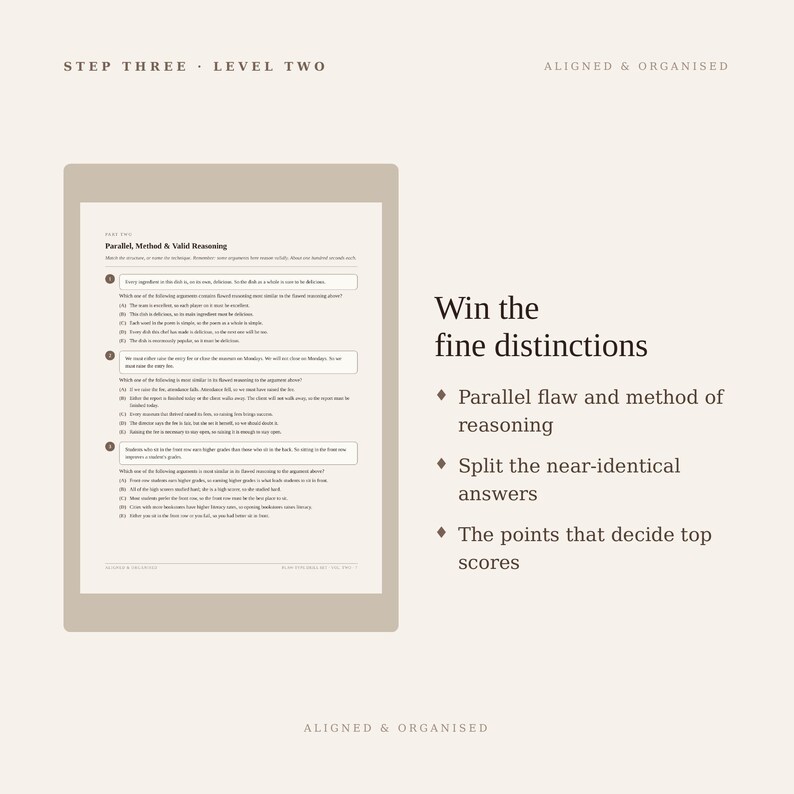 May include: A study guide page titled Step Three Level Two Aligned & Organised featuring the text Win the fine distinctions, Parallel flaw and method of reasoning, Split the near-identical answers, and The points that decide top scores.