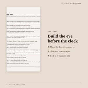 May include: A beige educational document titled Aligned & Organised featuring a column of text labeled Flaw Drills. The right side displays the heading Part One, Build the eye before the clock, followed by three bulleted points of instructional text.