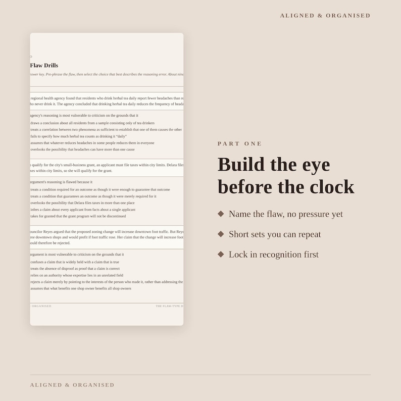 May include: A beige educational document titled Aligned & Organised featuring a column of text labeled Flaw Drills. The right side displays the heading Part One, Build the eye before the clock, followed by three bulleted points of instructional text.