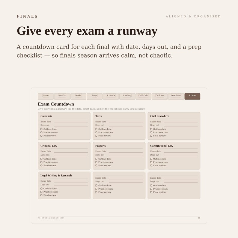 May include: A digital exam countdown planner page with a light beige background and dark brown text. It features nine rectangular sections for law subjects like Contracts and Torts, each including fields for exam date, days out, and a checklist.