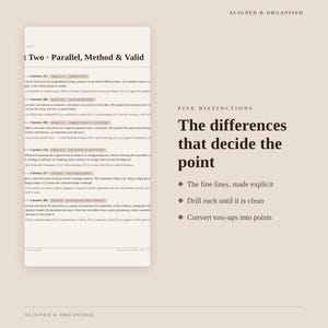 May include: A study guide page titled Part Two Parallel, Method & Valid with text explaining logical reasoning questions. To the right, the text reads Five Distinctions, The differences that decide the point, and three bulleted points.
