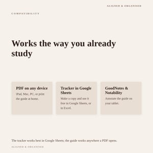 May include: A beige informational graphic titled ALIGNED & ORGANISED COMPATIBILITY. The text reads: Works the way you already study. Three boxes detail: PDF on any device for iPad, Mac, PC, or print; Tracker in Google Sheets or Excel; GoodNotes & Notability for tablet annotation. Bottom text: The tracker works best in Google Sheets; the guide works anywhere a PDF opens.