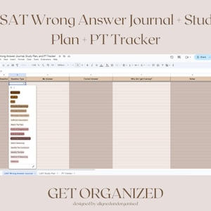 Può includere: Un foglio di calcolo digitale intitolato "LSAT Wrong Answer Journal + Study Plan + PT Tracker" con una combinazione di colori beige e bianco. Il foglio di calcolo include colonne per domande, risposte e note. Il testo "GET ORGANIZED" è visualizzato sotto.