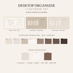 Desktop Wallpaper Organizer + Calendar & Folder Icons | Aesthetic Neutral Desktop Background for Mac, Windows | 2026-2027 Boho Minimal