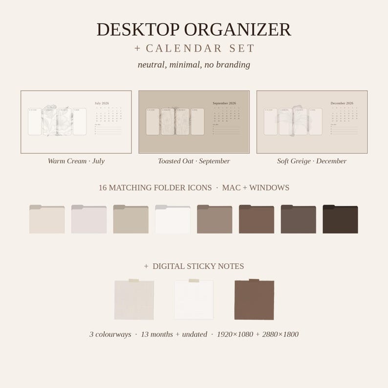 Desktop Wallpaper Organizer + Calendar & Folder Icons | Aesthetic Neutral Desktop Background for Mac, Windows | 2026-2027 Boho Minimal image 1