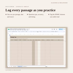 May include: A digital Google Sheet template titled Passage Log with columns for date, passage type, source, question count, accuracy, time, and SPARC elements. The interface features a beige color scheme with dark brown text headers and rows.