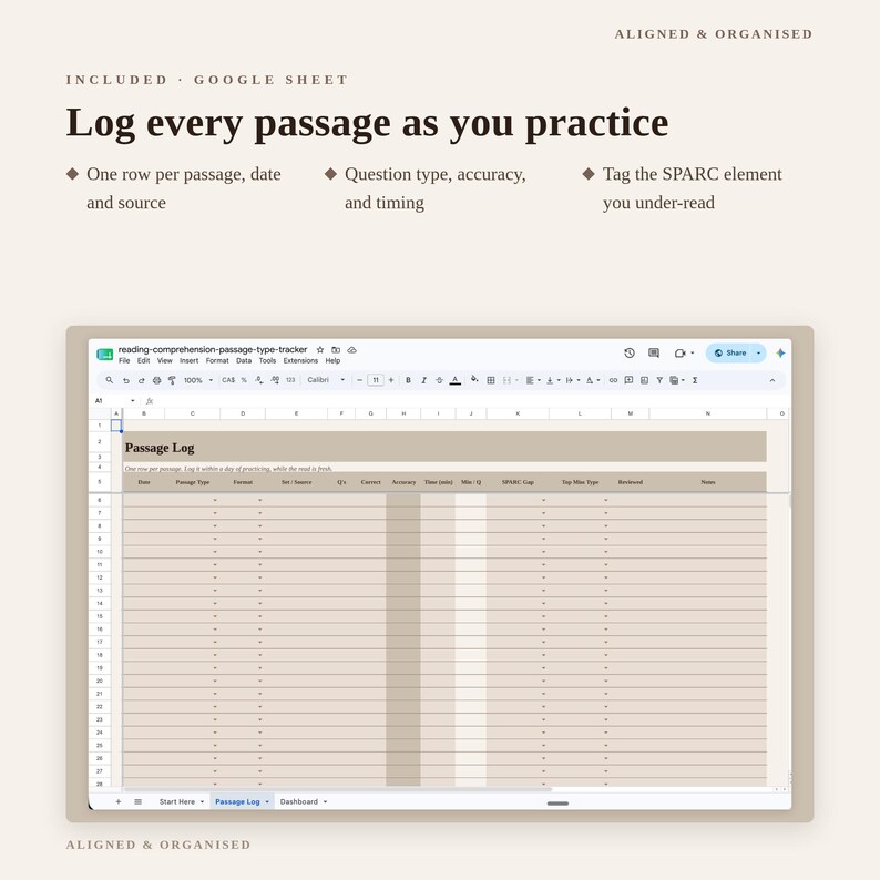 May include: A digital Google Sheet template titled Passage Log with columns for date, passage type, source, question count, accuracy, time, and SPARC elements. The interface features a beige color scheme with dark brown text headers and rows.