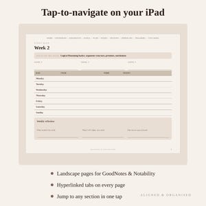Puede incluir: Un planificador de estudio digital en una pantalla de iPad con el texto Tap-to-navigate on your iPad. La interfaz muestra un plan de estudio de la semana 2 con secciones para objetivos, tareas diarias, tiempo, notas y un &aacute;rea de reflexi&oacute;n semanal.