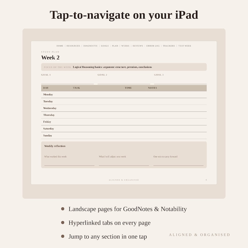 Puede incluir: Un planificador de estudio digital en una pantalla de iPad con el texto Tap-to-navigate on your iPad. La interfaz muestra un plan de estudio de la semana 2 con secciones para objetivos, tareas diarias, tiempo, notas y un &aacute;rea de reflexi&oacute;n semanal.