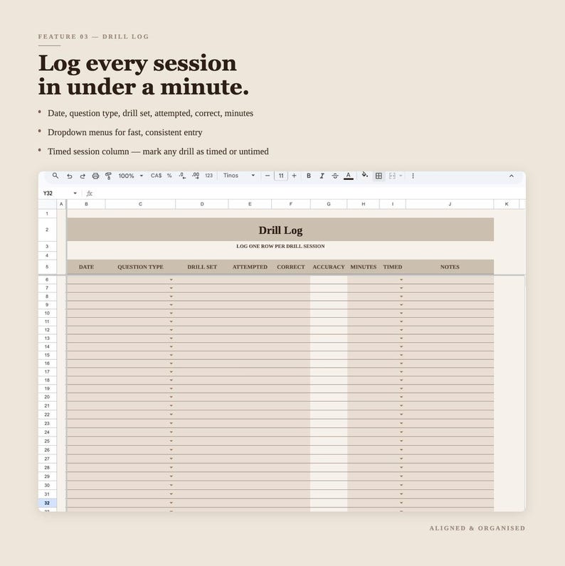 K&ouml;nnte beinhalten: Eine digitale Tabellenvorlage mit dem Titel Drill Log, die Spalten f&uuml;r Datum, Fragetyp, &Uuml;bungssatz, Versuche, Korrekturen, Genauigkeit, Minuten, Zeitmessung und Notizen enth&auml;lt. Die Oberfl&auml;che bietet Dropdown-Men&uuml;s und ein beiges Design.